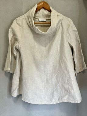 Bryn Walker 100% Linen Cowl Neck Top Made in USA Ivory 3/4 Sleeve Lagenlook